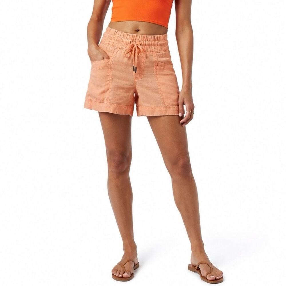 Athleta Cabo Linen 4” Shorts Peach Coral Drawstring Pockets Size 8
